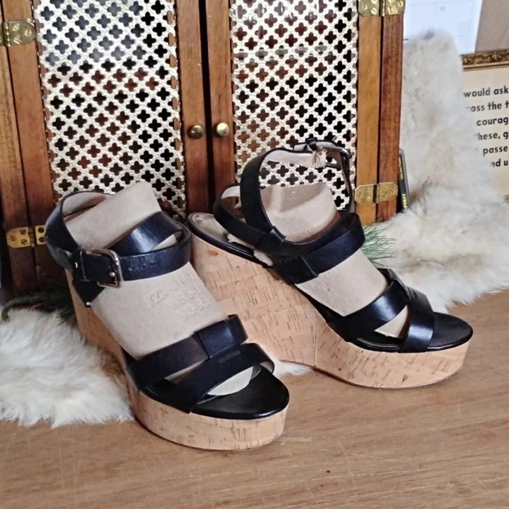 Coach Black Ankle Strap High Cork Heeled Sandles